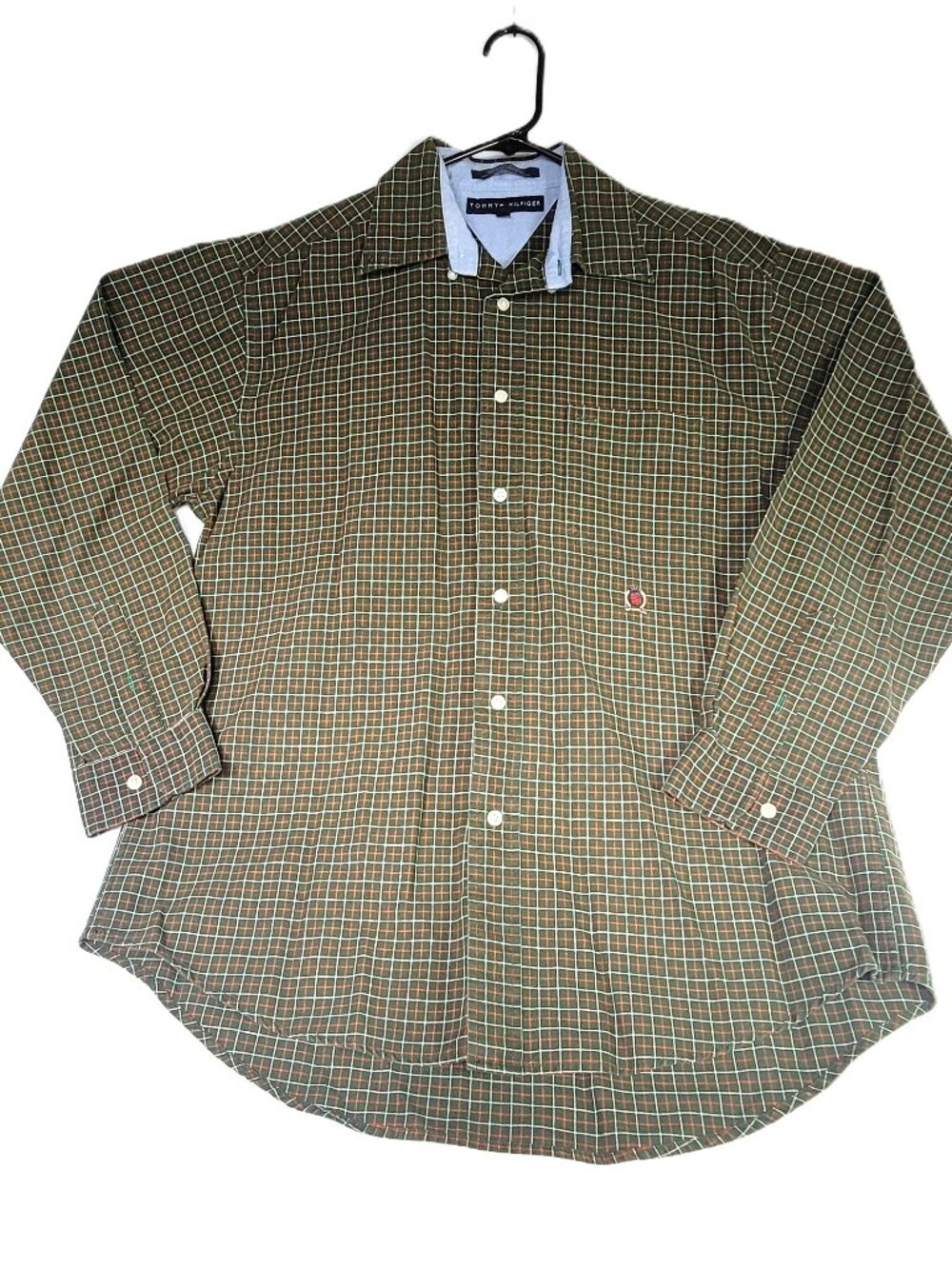 Tommy Hilfiger Men's Medium M Forest Green Grid Check 100% Cotton Button Down